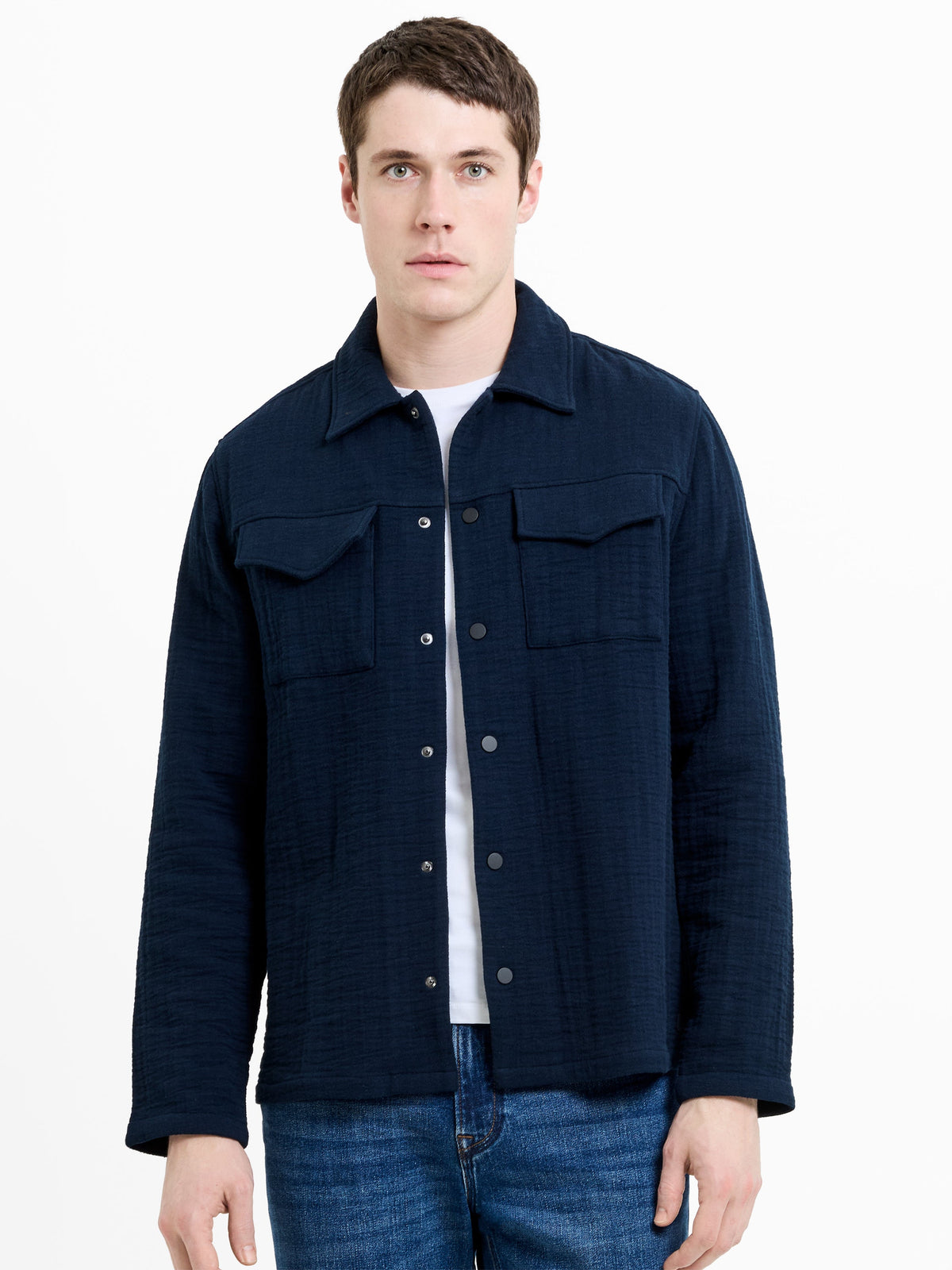 Chemise en toile texturée à rayures à manches longues bleu marine
