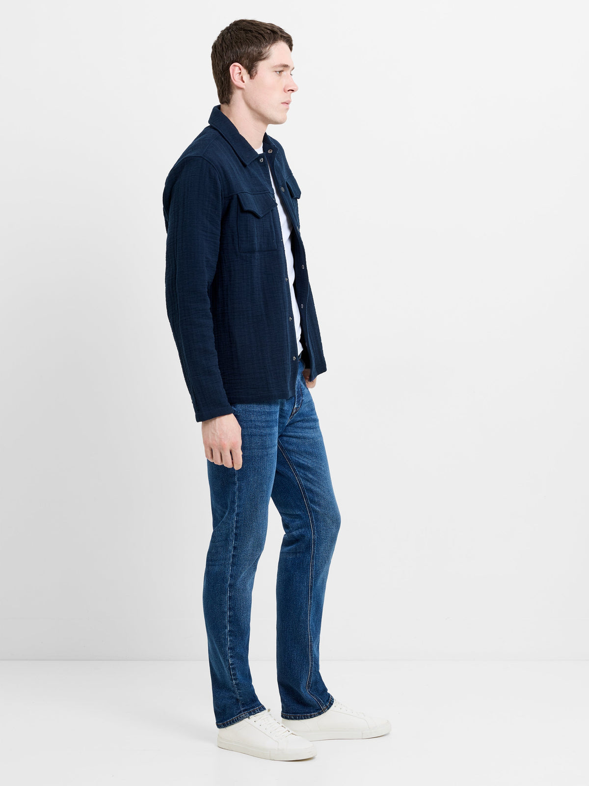 Chemise en toile texturée à rayures à manches longues bleu marine